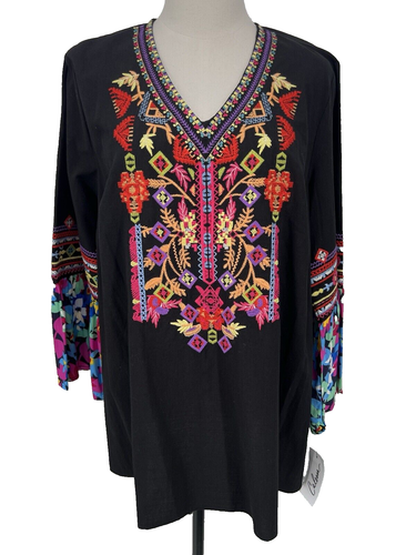 NWT Calessa Women's S Multicolor Embroidered Floral Tunic Shirt 3/4 Sleeve