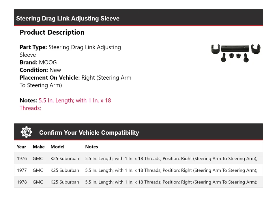 Manguito de ajuste de enlace de arrastre de dirección suburbano para GMC K25 1976-1978 MOOG 1976 Foto 2 de 4
