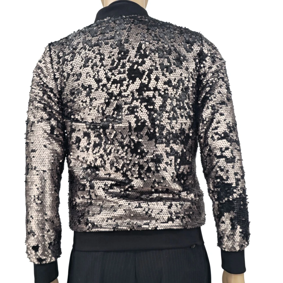 Chaqueta bomber Guess para mujer de lentejuelas negra y dorada rosa talla pequeña Foto 2 de 4