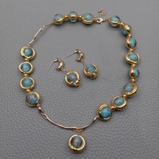 15.5" Blue Murano Glass Choker Necklace Dangle Earrings Set