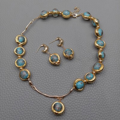 15.5" Blue Murano Glass Choker Necklace Dangle Earrings Set
