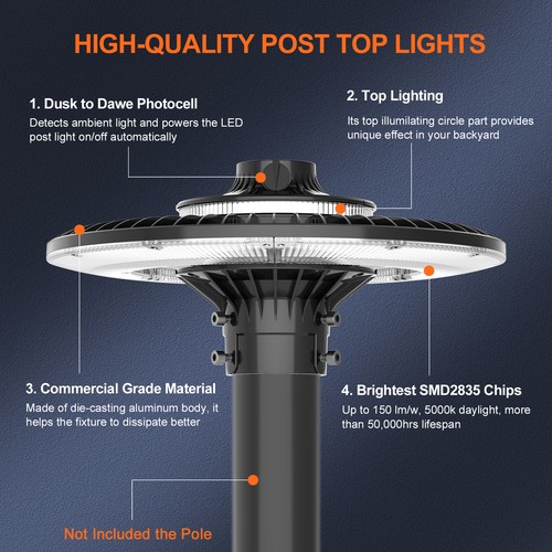 80W LED Post Top Light Commercial Garden Parking Lot Pole Fixtures Dusk To Dawn - Picture 5 of 11