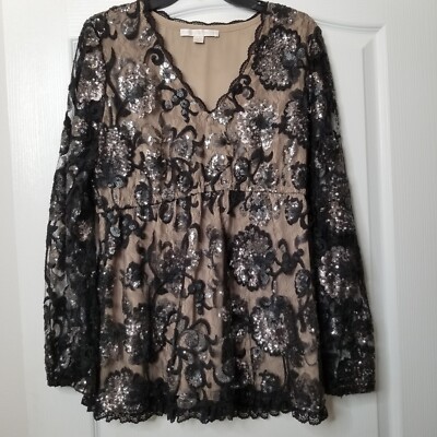 Boston Proper Sequin Lace Top Blouse Tunic Long Sleeve V-neck Floral SZ M  Black - Main Image