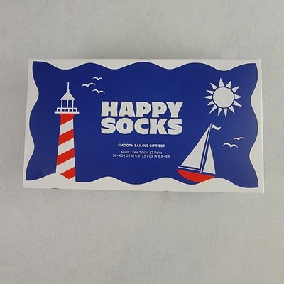 Happy Socks Smooth Sailing Gift Set 3 Pairs Nautical Crew Socks Navy Red 36-40