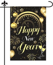 Happy New Year Garden Flag, 18x12in Double Sided Outdoor Flag with Black