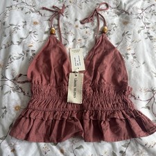 Sim & Sam Mauve Clay Linen Blend Smocked Halter Crop Top Women's Small NWT 