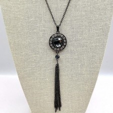 Vintage 90s Rhinestone Gunmetal Tassel Pendant Necklace Boho Women's Jewelry