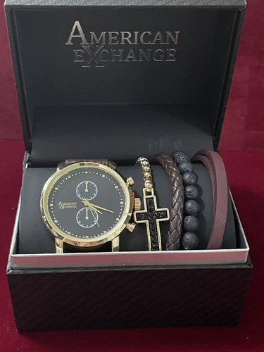 American Exchange Men's Analog Watch And 4 Piece Bracelet Set, Black/Black