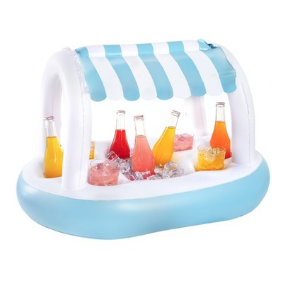 Inflatable Floating Buffet Bar with Canopy - Blue & White Cabana Stripes