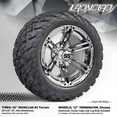 4x GOLF CART 12'' CHROME TERMINATOR WHEELS and 20''x10''-12'' IRONCLAD A/T TIRES