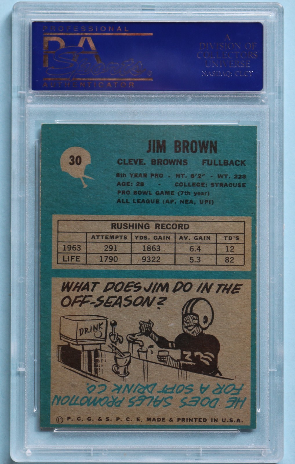 1964 Philadelphia Gum #30 Jim Brown PSA 8 OC view 2