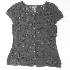Vintage 90s Crochet Cardigan Womens Medium Black Beaded Granny Square Top Ramie