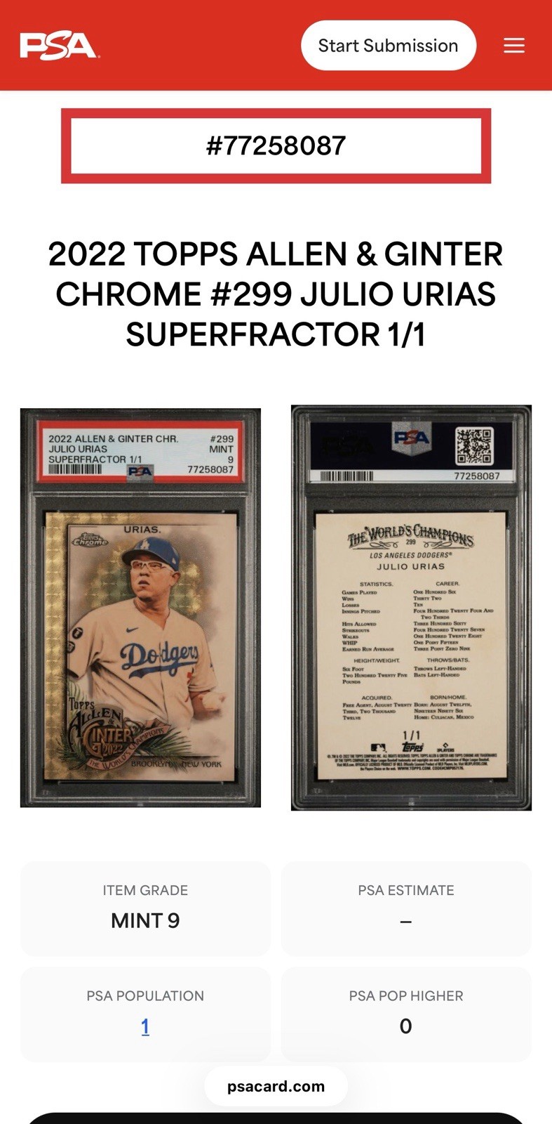 Topps 2022 Allen & Ginter Chrome Julio Urias Dodgers #299 SuperFractor 1/1 PSA 9 view 4