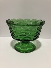 VTG Indiana Glass Green Quilted Diamond Pedestal Bowl Compote Scalloped Edge