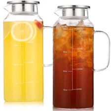 2-Pack Glass Pitcher with Lid, 68oz 2 Quart Water Pitchers With Handle for Fr...