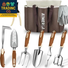 Gardening Tools Set of 9 Heavy Duty Garden Tools with Non-Slip Rubber Grip with 