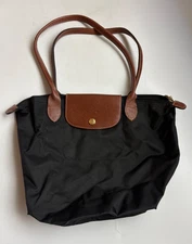Longchamp Le Pliage Medium Shoulder Tote Black Nylon Brown Leather Bag France