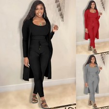 Womens 3Pcs Outfits Loungewear Crop Top Wide Leg Pants Open Front Cardigan Sets