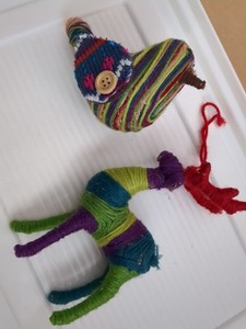 Mexican Yarn Art Ornaments Bird & Deer Figurine Handmade Vintage Christmas 