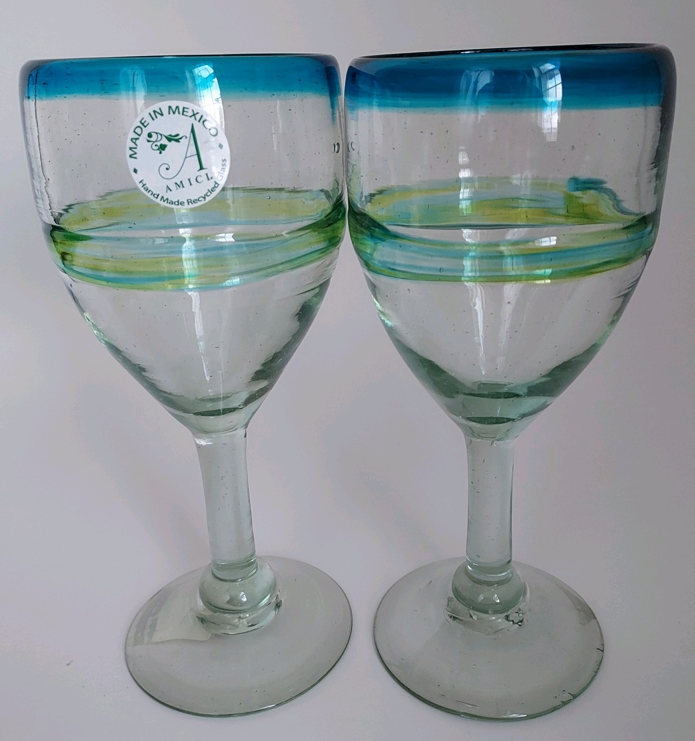 Set Of 2 Handblown Thick Mexican Wine Goblets Green Blue Clear Recycled Glass