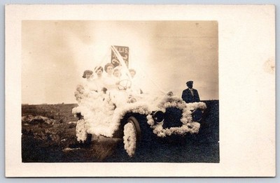 Antique early automobile parade float women flowers Artura RPPC