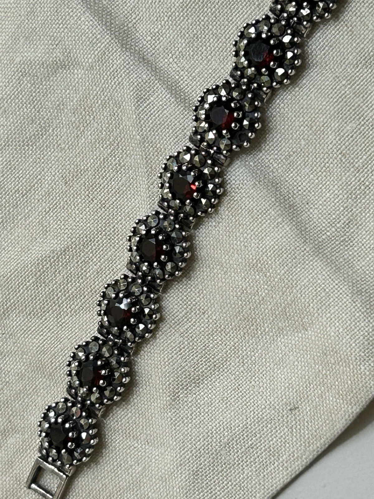925 Sterling Bracelet With Red Garnets/ Marcasites. 14 Garnets