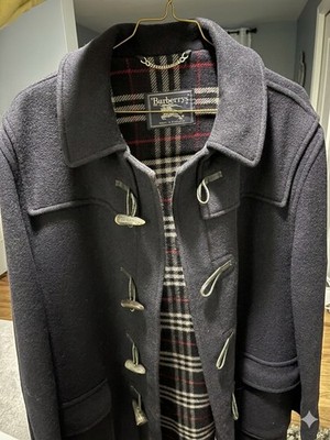 Vintage Burberrys' England Duffle Coat Navy Blue Wool Nova Check