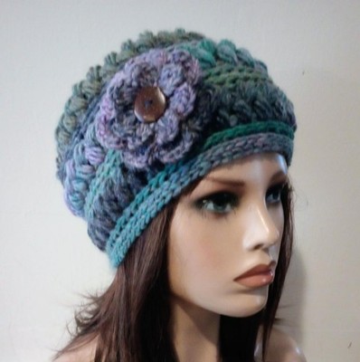 crochet handmade womans flower hat beanie breathe blue puffs