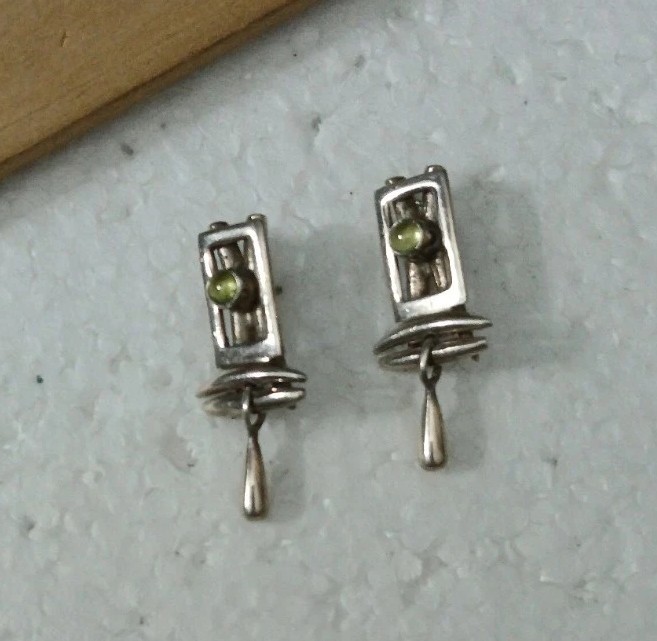 Artisan Silver Post Earrings with Green Stone Handcrafted   View 6
