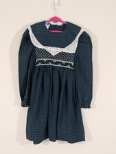 Polly Flinders Girls Green Tartan Plaid Hand Smocked Dress Sz7 6 6x Vintage