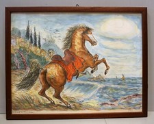 QUADRO DIPINTO DISEGNO GRAFITE TEMPERA F. Gonzaga CAVALLO RAMPANTE SPIAGGIA '900