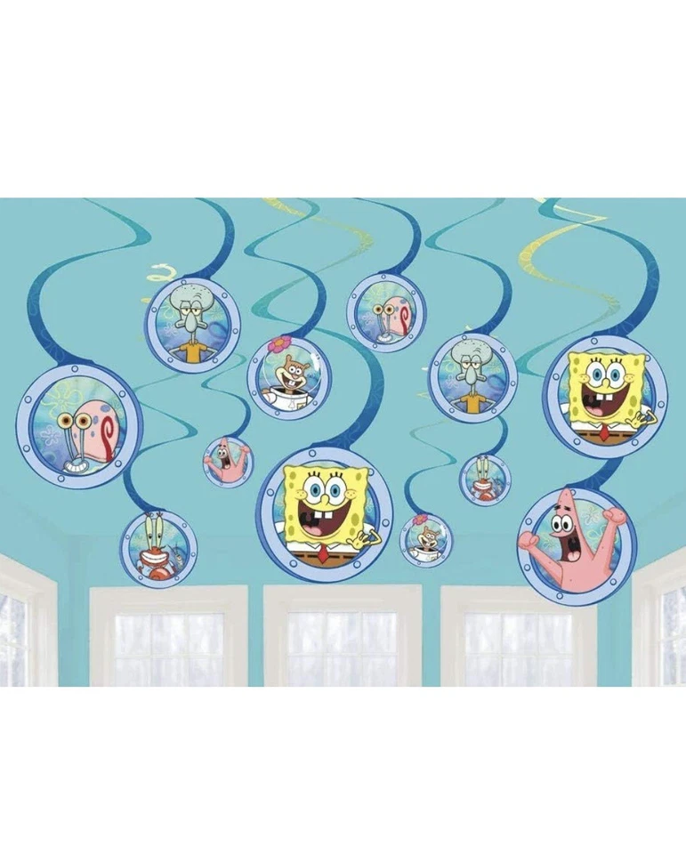SpongeBob Spiral Hanging Birthday Decorations, Banner & Sticker Bundle 3pk NEW - Image 3 of 4