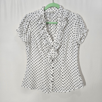 WHBM White with Black Polka Dots Ruffle V-neck Button Down Blouse Small