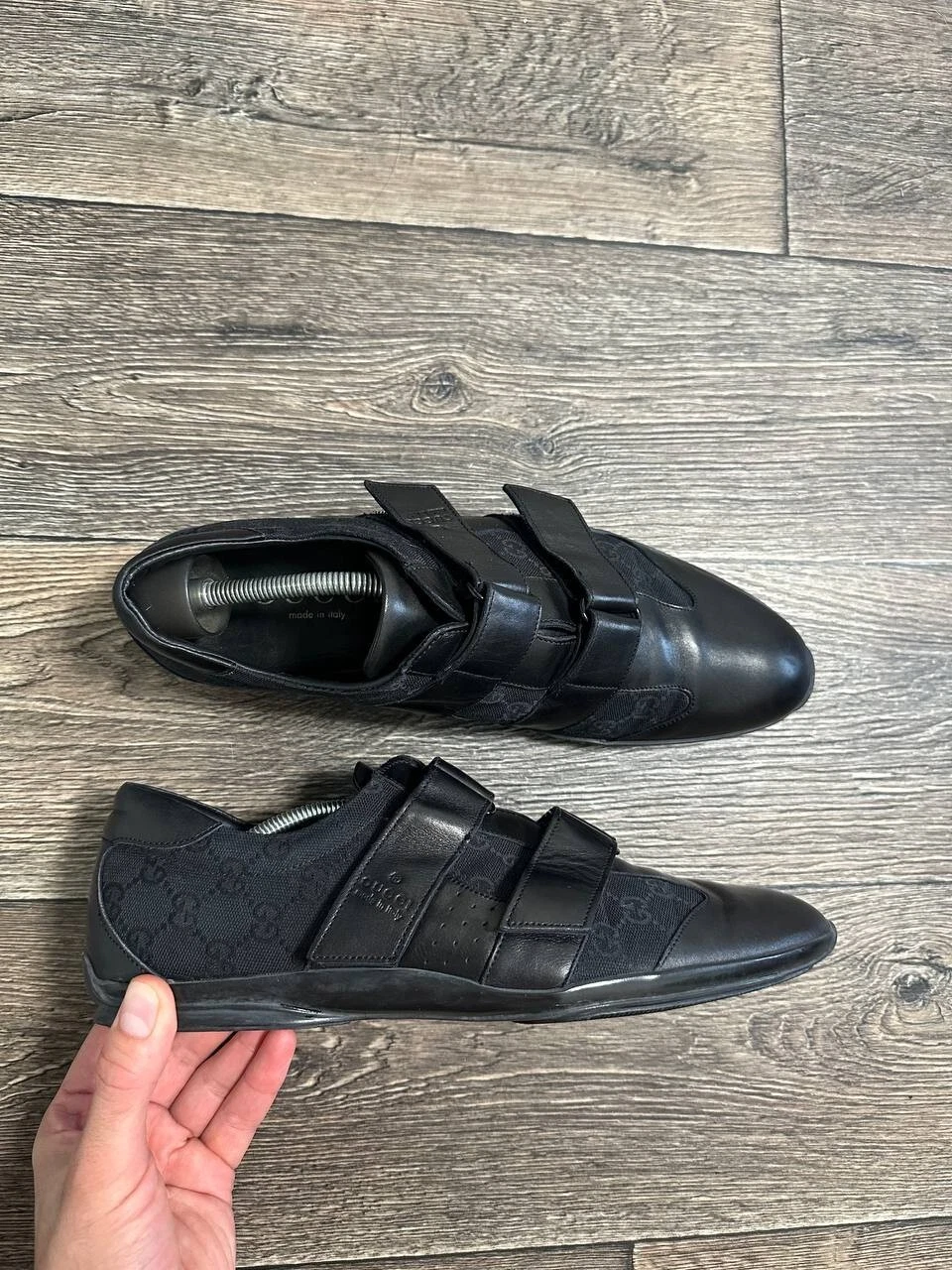 Gucci Guccissima Baskets Cuir Toile Chaussures Noir 091835 Taille 11