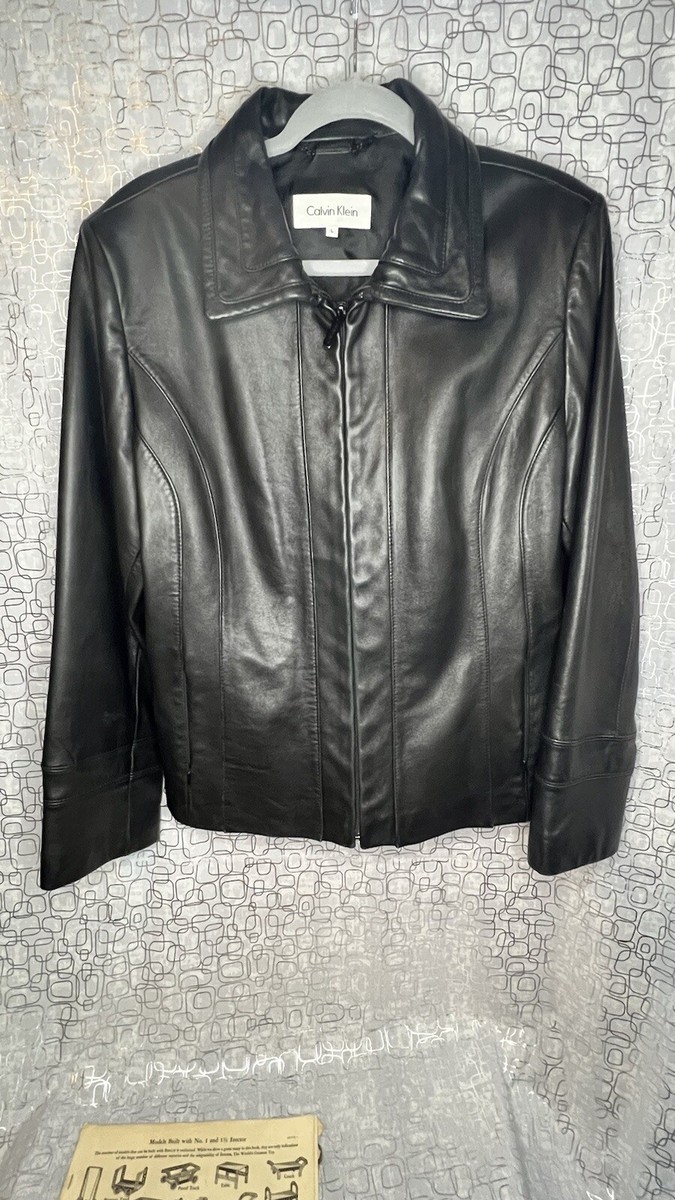 Calvin Klein Black 100% Leather Jacket Women's Zip up Collar Calvin Klein Black 100% Leather Jacket Women's Zip up Collar