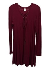 Empyre Burgundy Ribbed Lace Up V Neck Long Sleeve Size Large Midi Dress