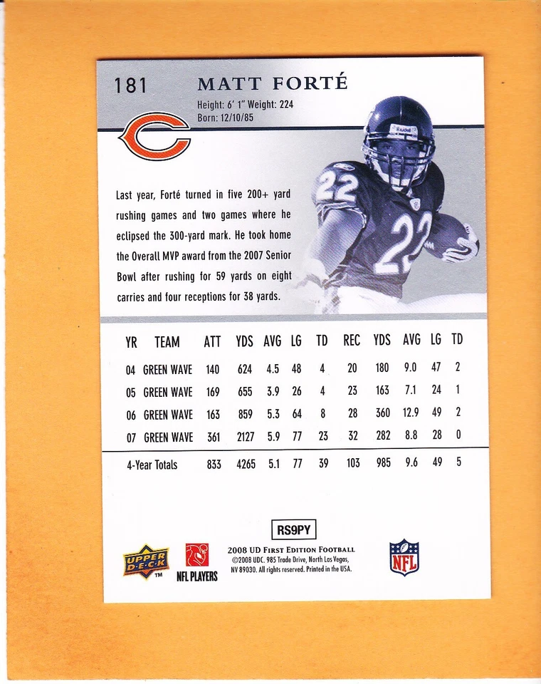 MATT FORTE 2008 UD FIRST EDITION FOOTBALL ROOKIE #181 CHICAGO BEARS NM-MT - Image 2 of 2