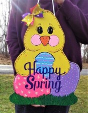 HAPPY SPRING CHICK w/EGGS 18" SIGN Door Hanger PLAQUE Seasonal Spring Decor