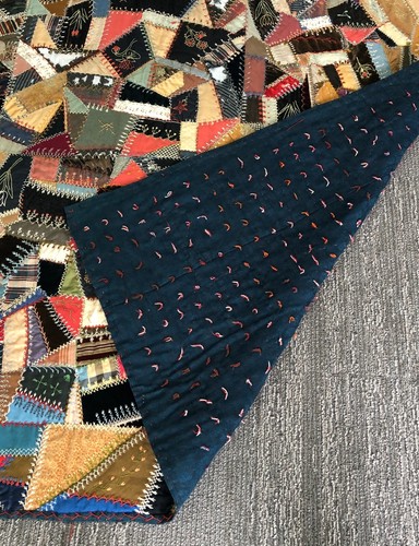 Antique 84x72 Victorian Crazy Quilt 760+ patches/heavy embellishment/unrepaired - Picture 7 of 9