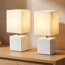 Tischleuchte Stoffschirm Nachttischleuchte E14 Keramik Weiß Tischlampe 2er Set