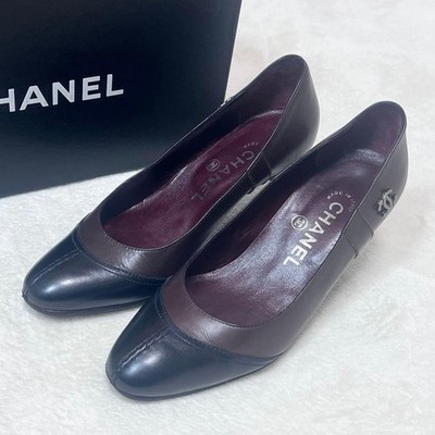 Chanel Coco Mark Leather Pumps Black Brown Heels Japan Authentic Auth 042431