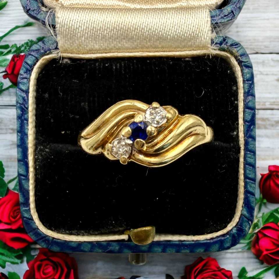 Anillo vintage de diamantes con zafiro de oro amarillo macizo de 9k, talla 6