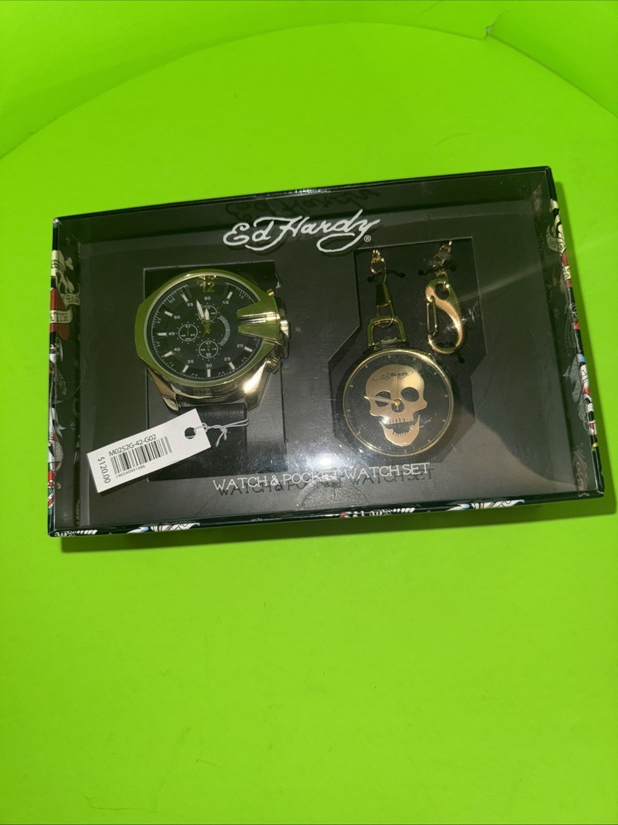 Rare Ed Hardy Logos Men's 2 Pc Skull 💀 Skeleton Pocket Watch Set