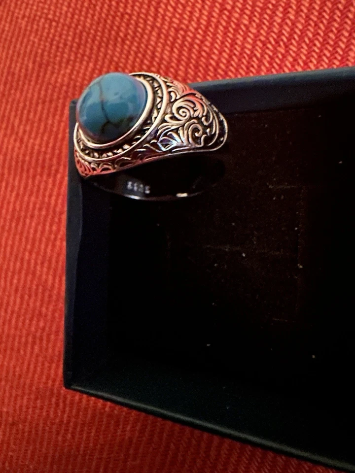 Bague En argent sertie d'une pierre en Turquoise De Synthèse pour homme ou femme - Photo 1/4