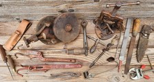 Big Lot of Vintage Tools Hand Crank Grinder, Pipe Vise, Chain Tighteners, Files