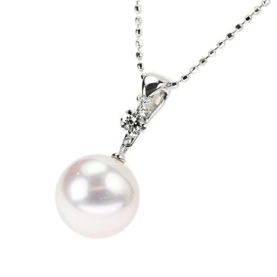 Collier pendentif diamant perle Akoya K18WG diamètre environ 9,4 mm D0,10 ct - Photo 1/3