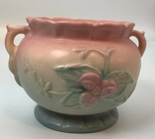 Vintage HULL Art Pottery USA Pink Double Handle bowl Vase
