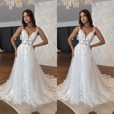 Boho Wedding Dresses Spaghetti Straps Lace Appliques A Line Train Bridal Gowns