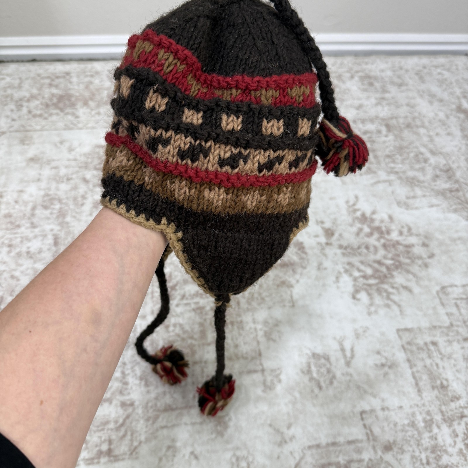 Wool Trapper Hat Knit Geometric Pattern Brown Red… - image 1
