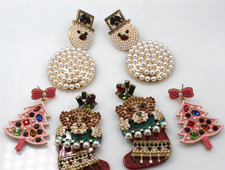 3 PC Christmas Happy Holidays snowman Trees stockings pink earrings pierced